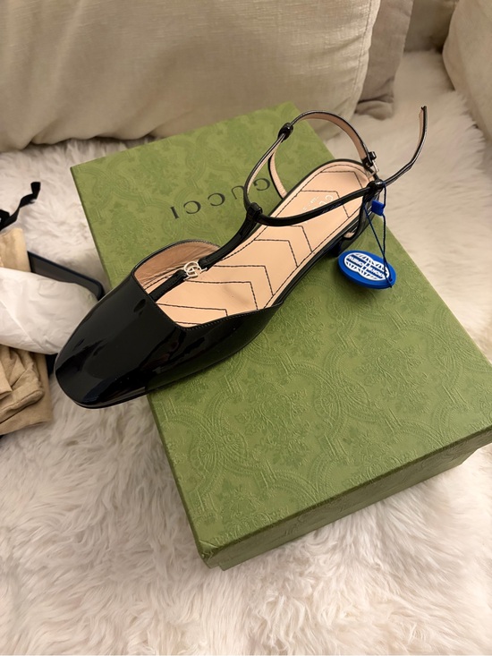 Gucci Shoes - Gucci Black Patent Leather Slingback Flat with Gold GG Accent